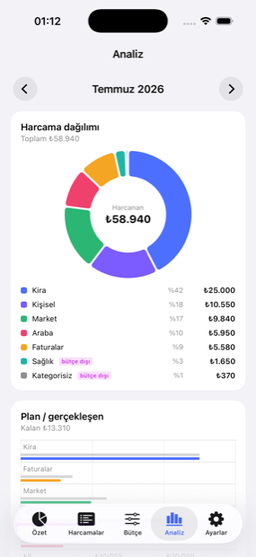 Analiz ekranı: harcama dağılımı ve plan/gerçekleşen