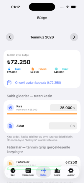 Bütçe kurulum ekranı